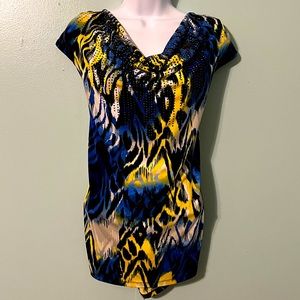 Valerie Stevens Blue Yellow Black Print Cowl Neck Top